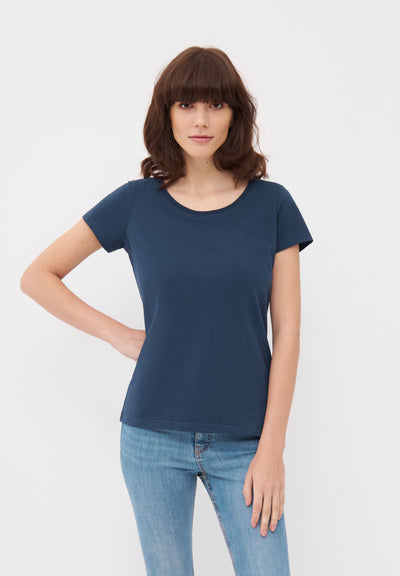 MBRC WOMEN SUSTAINABLE BLUE ROUND NECK T-SHIRT "DARK BLUE LOGO" - FRONTAL VIEW