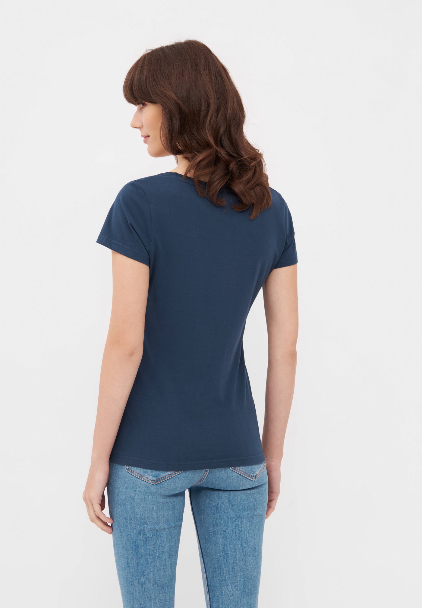 MBRC WOMEN SUSTAINABLE BLUE ROUND NECK T-SHIRT "PINK LOGO" - BACK VIEW