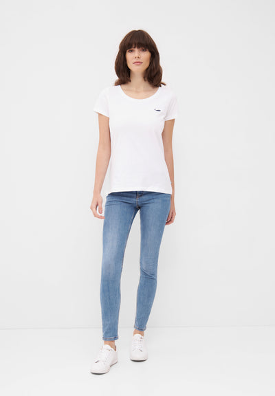 MBRC WOMEN SUSTAINABLE WHITE T-SHIRT "DARK BLUE LOGO" - FULL-BODY VIEW